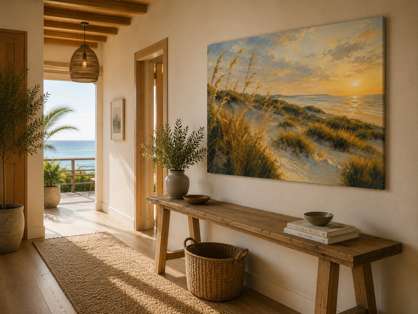 A large rectangular canvas painting of a beach dune landscape at sunset hangs on a beige wall in a styled interior hallway. The artwork shows golden grasses, blue-gray dunes, and a glowing yellow-orange sky over the ocean.