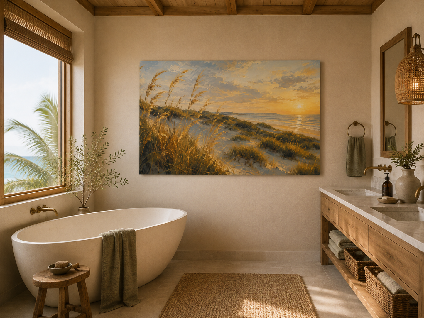 A large rectangular wall art print depicting a beach dune sunset with golden grasses and ocean waves, displayed in a warm, modern bathroom with a freestanding tub, wood vanity, and woven rug.
