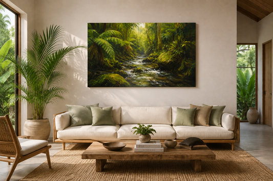 A large rectangular canvas wall art print depicting a lush green tropical forest stream, displayed in a modern, sunlit living room above a light beige sofa.