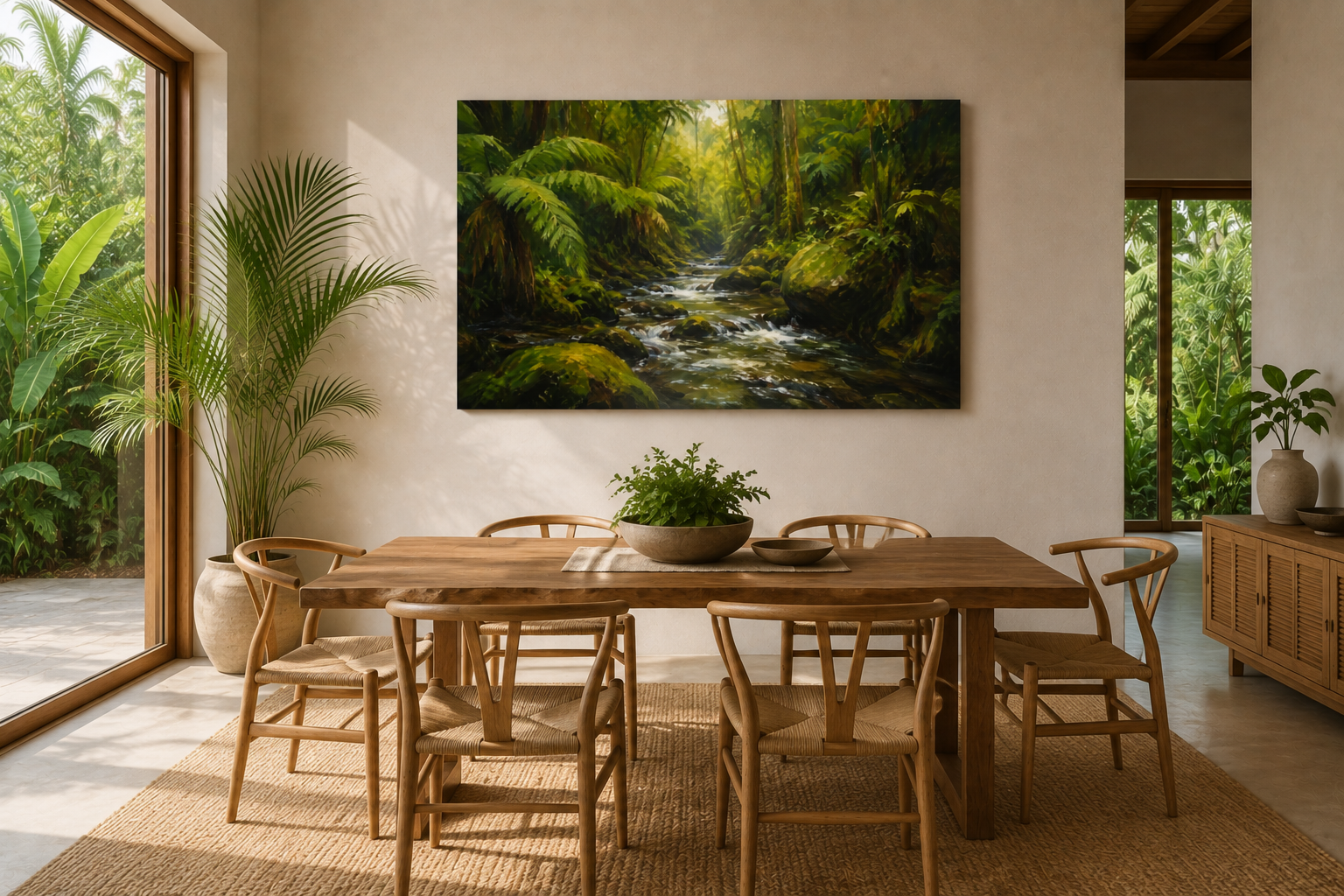 A large rectangular wall art print depicting a lush green forest stream, displayed in a modern dining room setting above a wooden dining table and chairs.