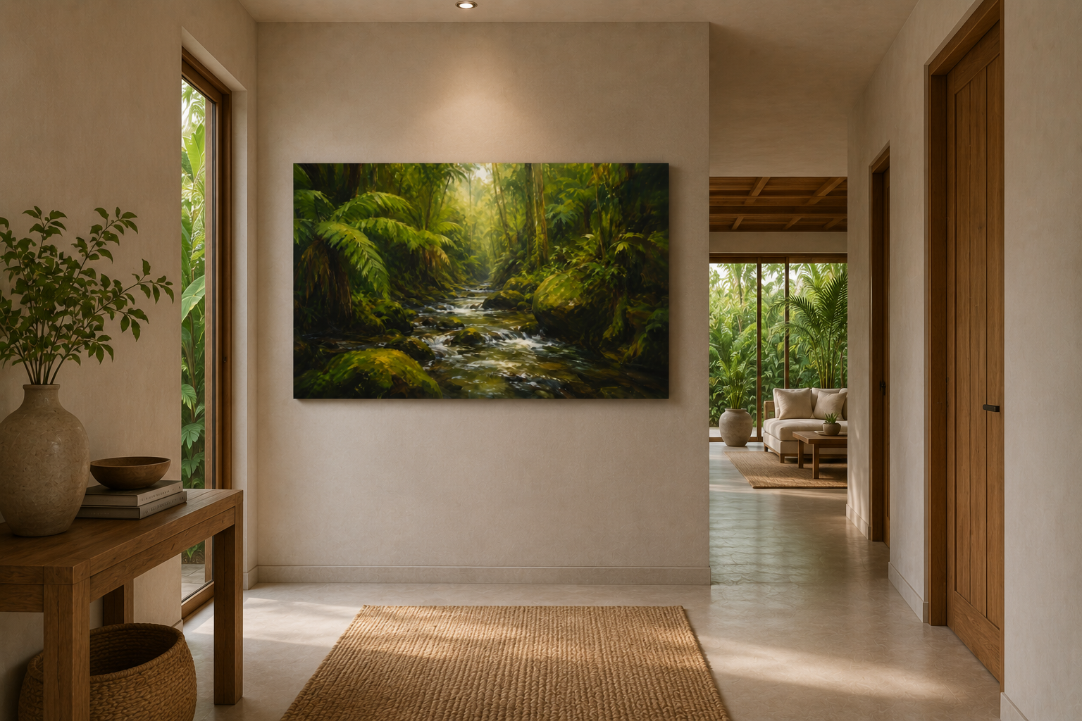 A large rectangular canvas wall art print depicting a lush green tropical forest with a flowing stream, displayed in a modern, warm-toned hallway with wood doors and a woven rug.