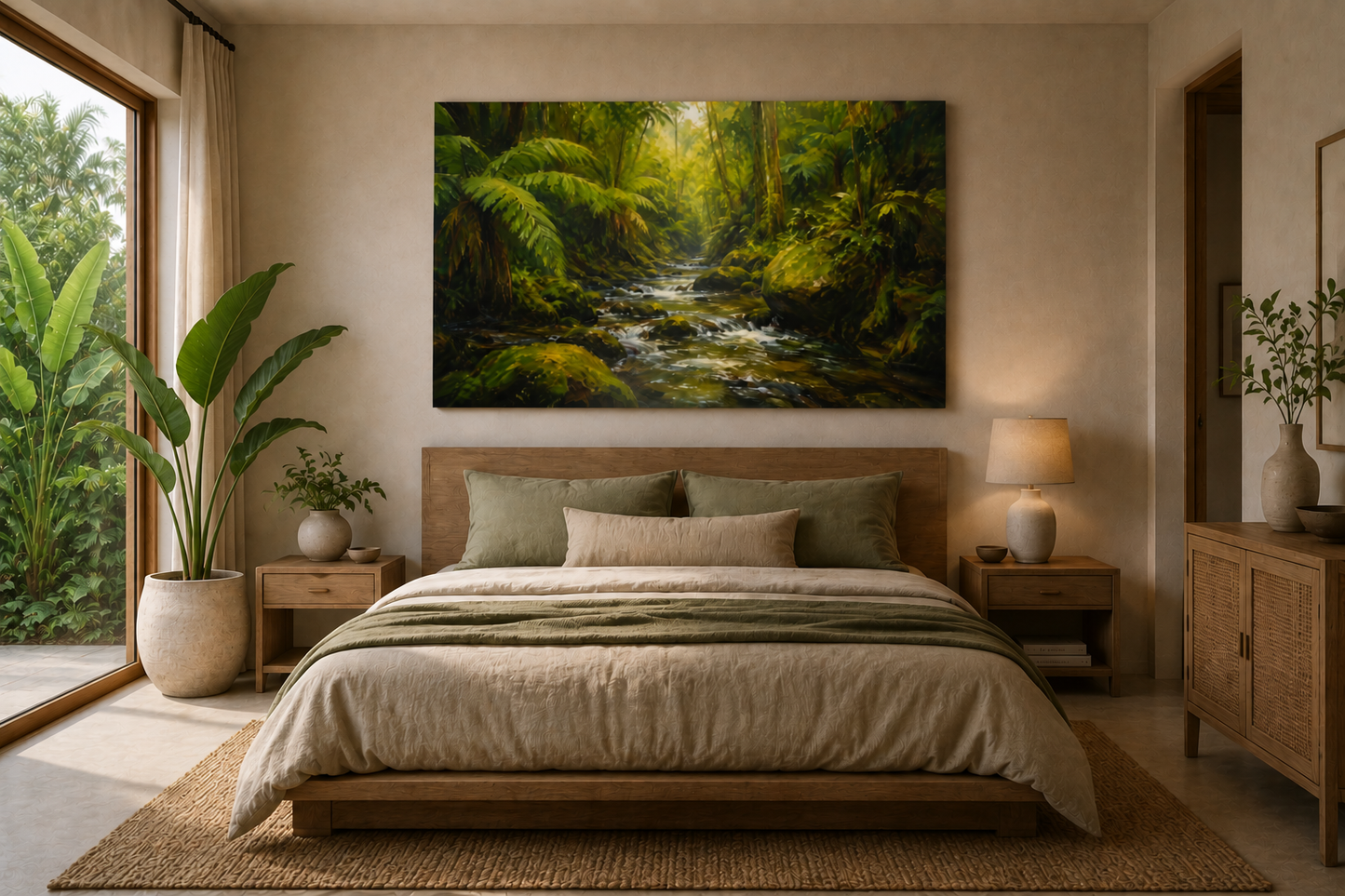 A large rectangular wall art print depicting a lush green forest stream, styled in a modern, warm-toned bedroom above a wooden bed frame.