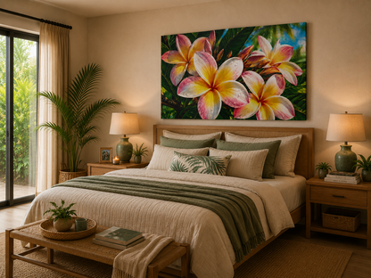 Plumeria Blossom Matte Canvas Print — Stretched Tropical Frangipani Wall Art