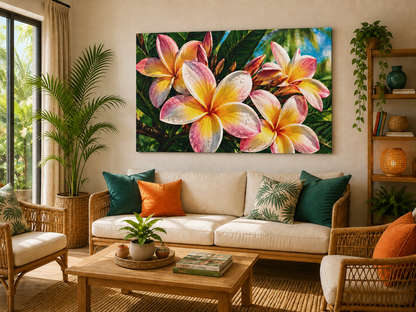 Plumeria Blossom Matte Canvas Print — Stretched Tropical Frangipani Wall Art