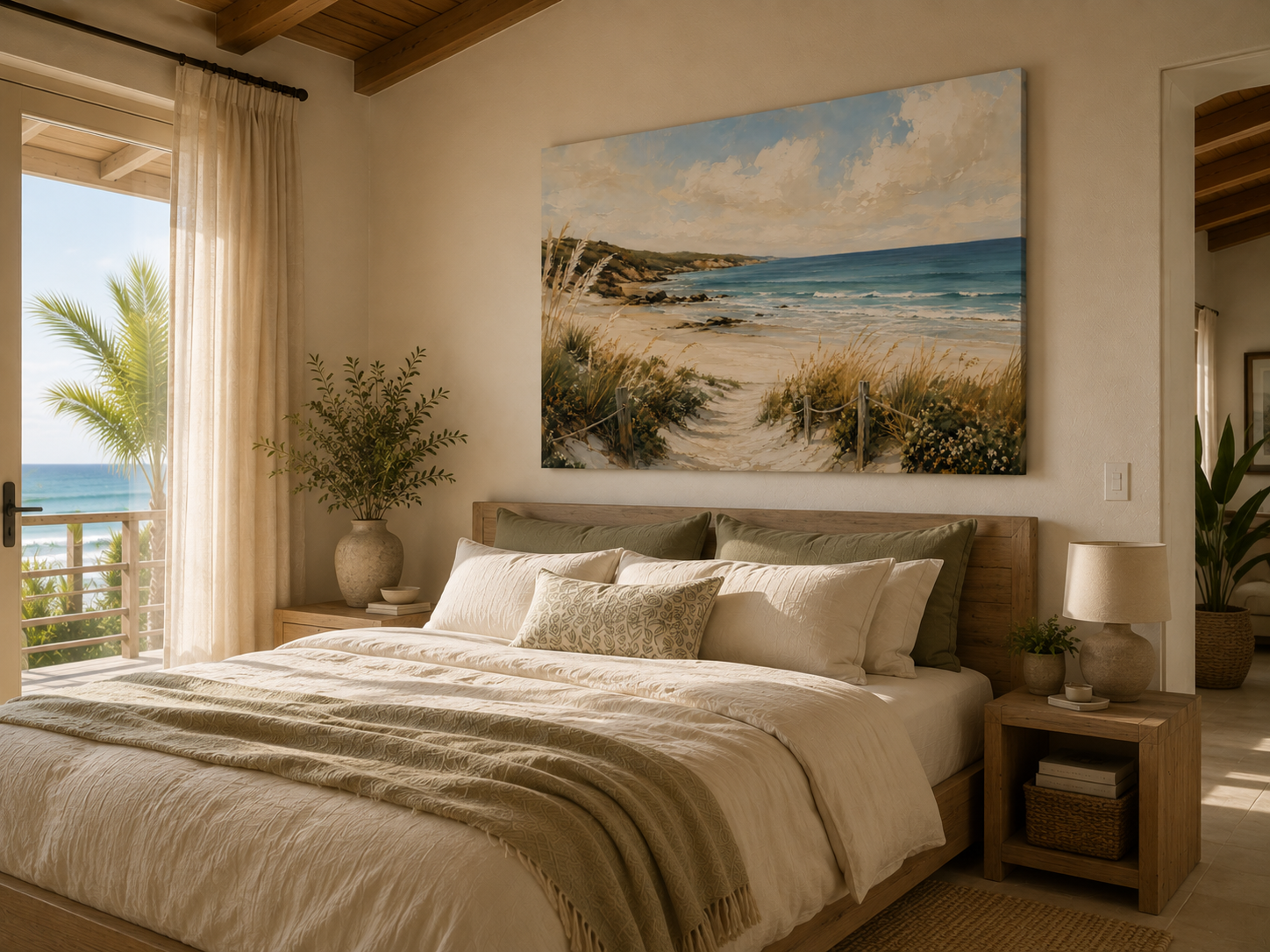 A large rectangular beach landscape wall art print hangs above a neatly made bed in a warm, sunlit bedroom. The artwork depicts sand dunes, ocean water, and a cloudy sky.