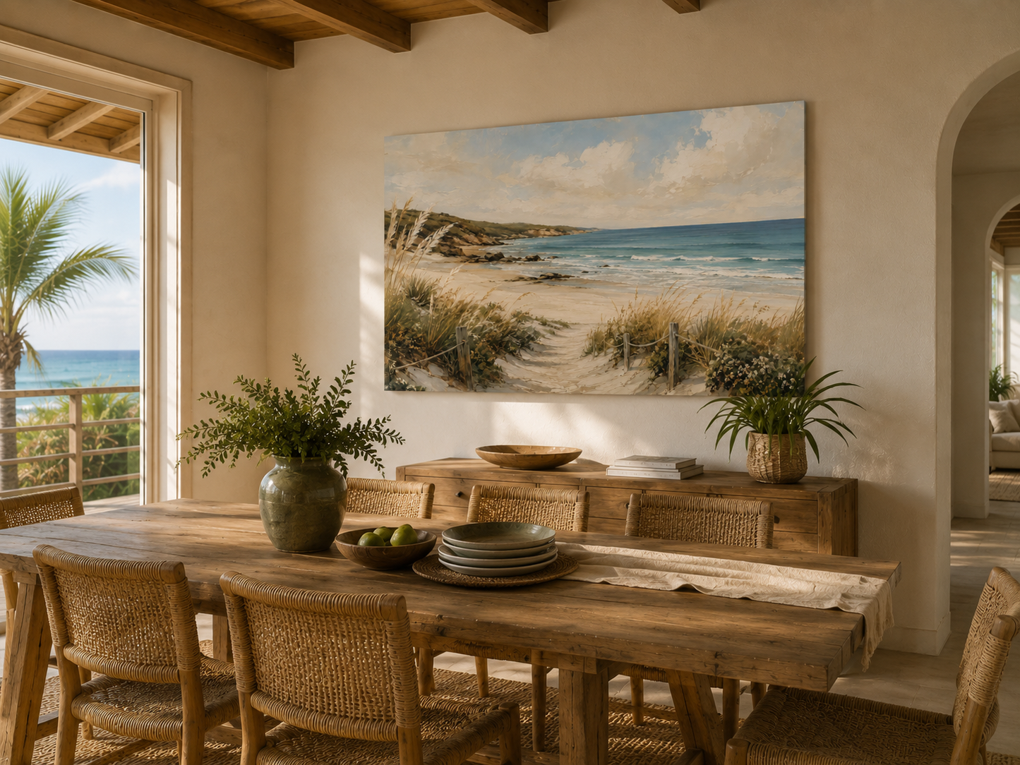 A large rectangular beach landscape wall art print hangs above a rustic wooden dining table in a sunlit dining room. The artwork depicts sand dunes, ocean water, and sky.