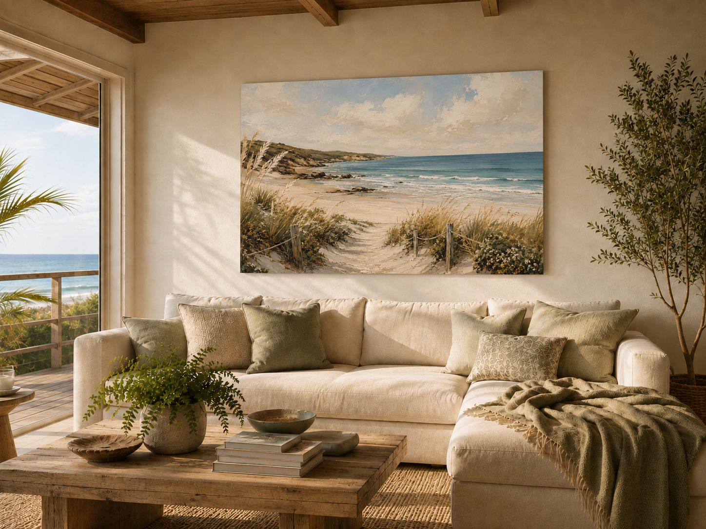 A large rectangular canvas print of a beach dunes and ocean scene hangs on a beige wall above a cream sectional sofa in a sunlit living room. The room includes a wooden coffee table, pillows, plants, and a balcony view with the sea visible outside.