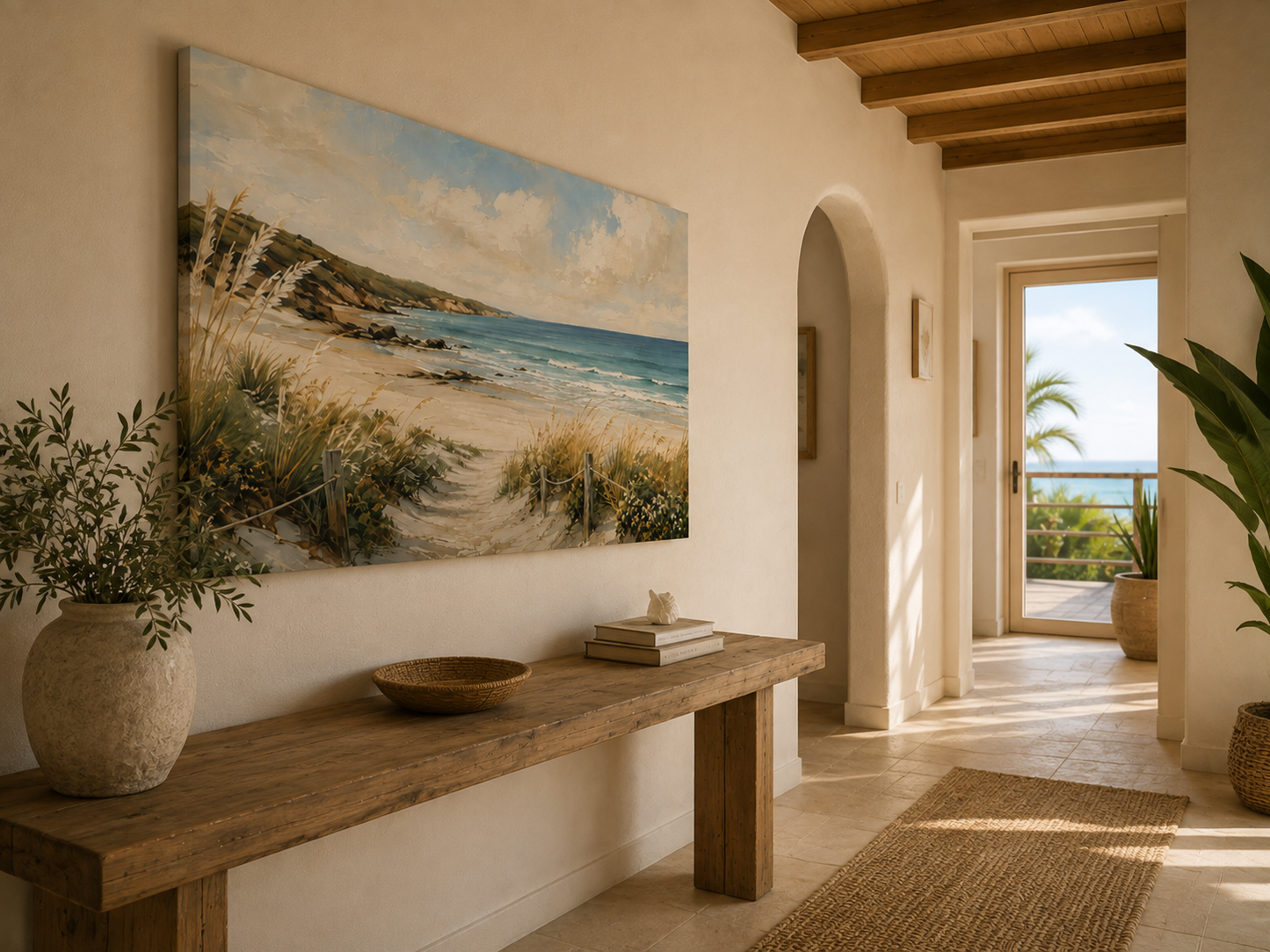 A large rectangular canvas painting of a beach and dunes hangs on a cream wall in a sunlit interior hallway with a wooden bench, plants, and an open doorway leading to a balcony.