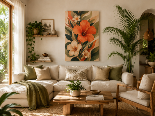 A styled living room featuring a large vertical canvas print with a tropical floral design in orange, cream, and green, hung above a beige sectional sofa with matching pillows.