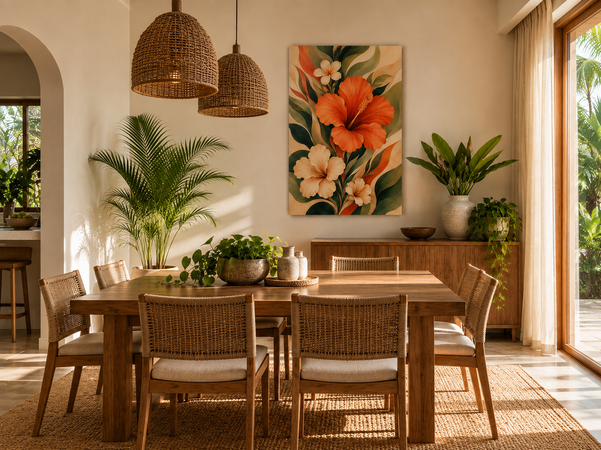 A large vertical canvas wall art print featuring vibrant orange and white tropical flowers with green leaves, displayed in a beautifully styled modern dining room with a wooden dining table, woven chairs, and potted plants.