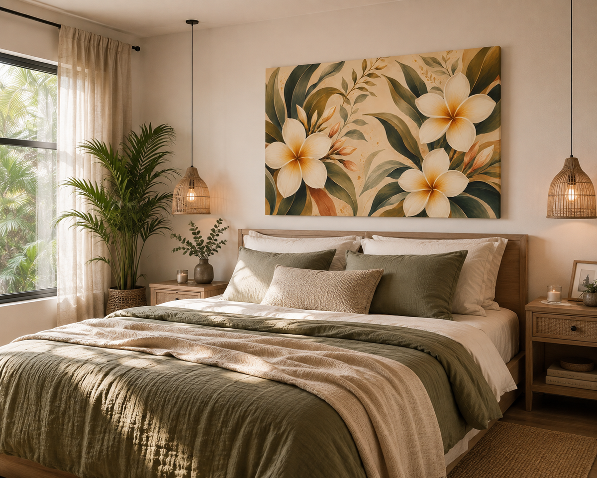 A styled bedroom interior featuring a large rectangular wall art print with tropical plumeria flowers in cream, yellow, and olive tones, hung above a bed with neutral bedding and pillows.