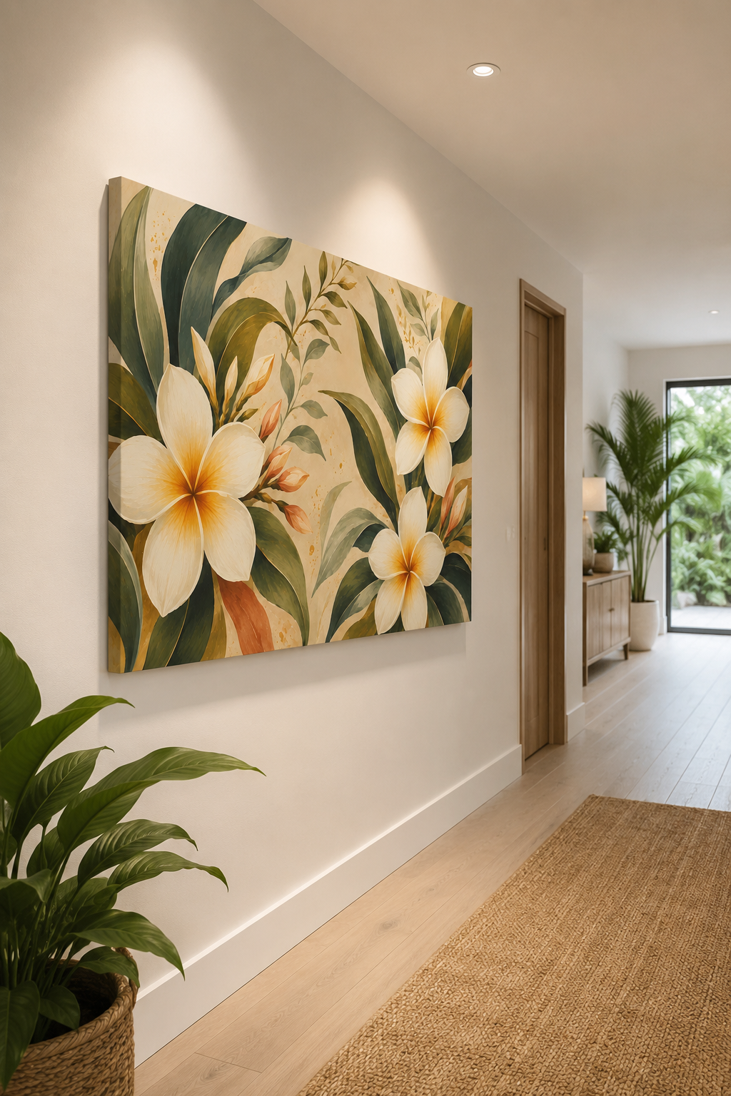 A large rectangular canvas wall art print featuring large white plumeria flowers and green tropical leaves, displayed in a modern hallway with light wood floors, a woven rug, and indoor plants.