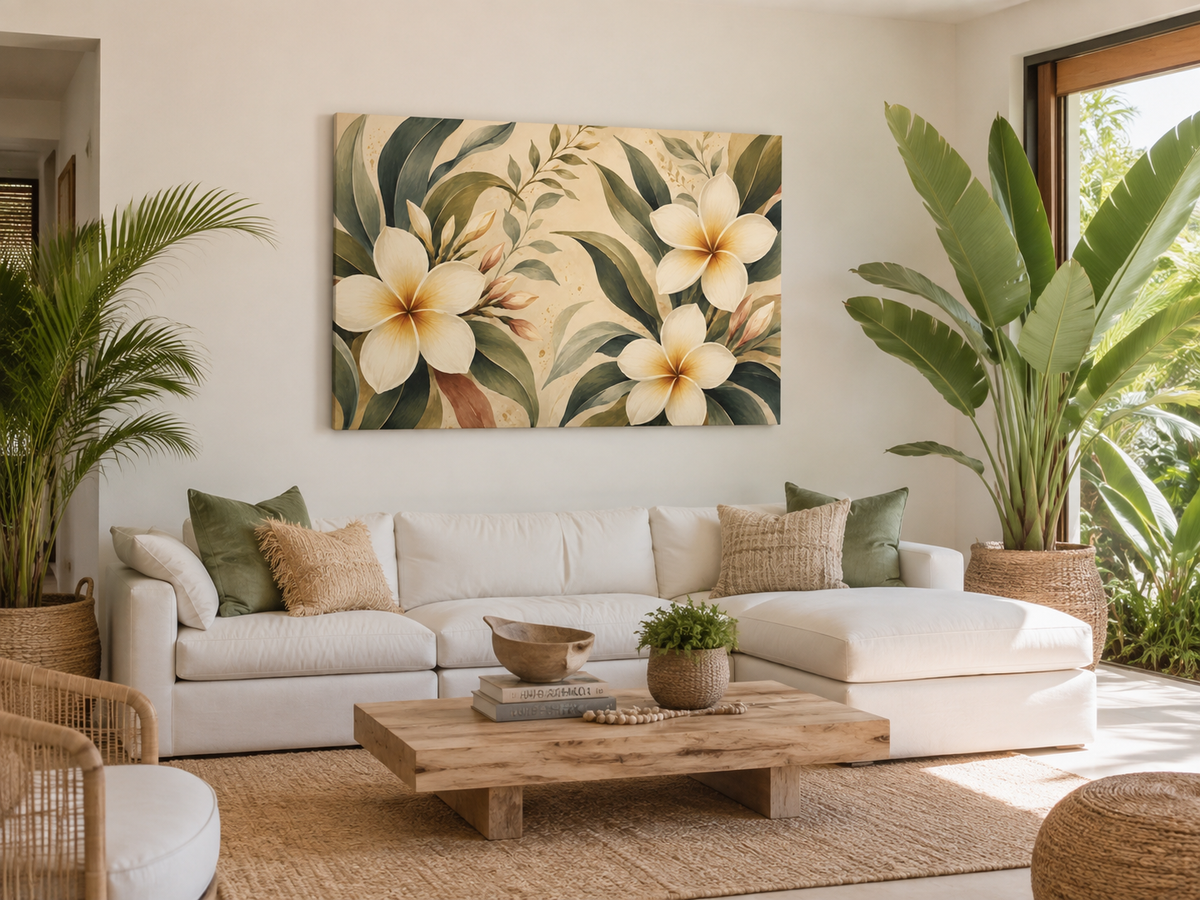 A large rectangular wall art print featuring cream plumeria flowers and green tropical leaves, displayed above a white sectional sofa in a bright, modern living room with plants and a wooden coffee table.