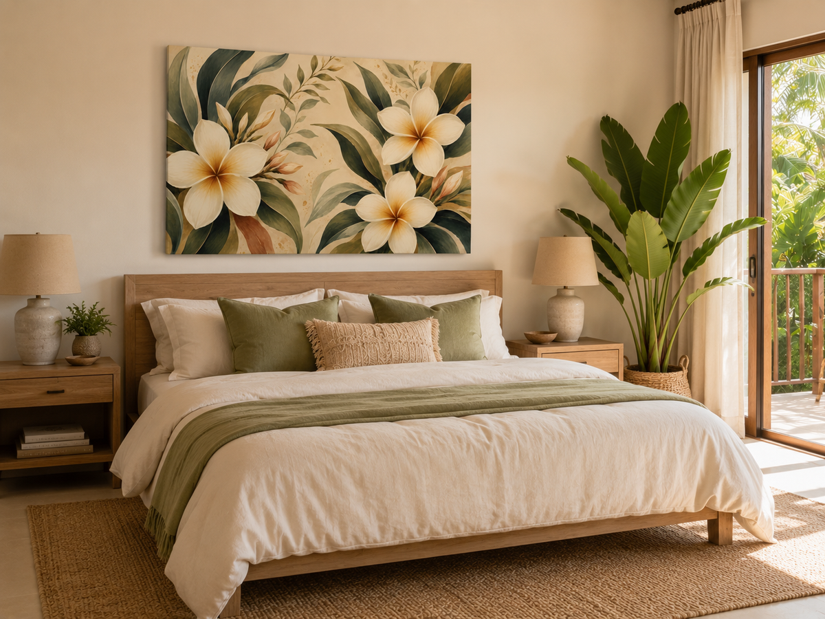 A styled bedroom scene featuring a large rectangular wall art print with tropical plumeria flowers, hung above a neatly made bed with neutral-toned bedding and pillows. The room includes wooden nightstands, lamps, a large potted plant, and a sliding glass door with outdoor greenery visible.