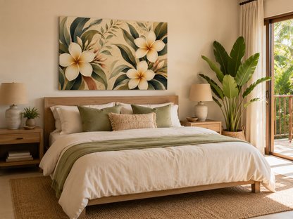 A styled bedroom scene featuring a large rectangular wall art print with tropical plumeria flowers, hung above a neatly made bed with neutral-toned bedding and pillows. The room includes wooden nightstands, lamps, a large potted plant, and a sliding glass door with outdoor greenery visible.