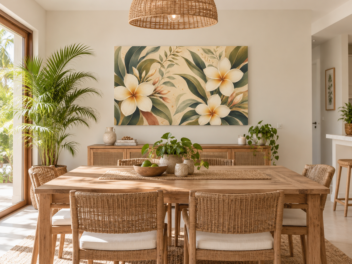 A large rectangular wall art print featuring white plumeria flowers and green tropical leaves, displayed in a bright, modern dining room above a wooden dining table and chairs.