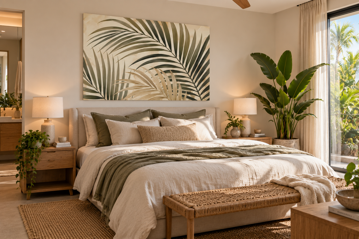 A beautifully styled bedroom featuring a large botanical wall art print with palm leaves in green and beige tones above a neatly made bed. The room is decorated with wooden nightstands, lit table lamps, a woven bench, and a large potted plant, with a bright window showing outdoor greenery.