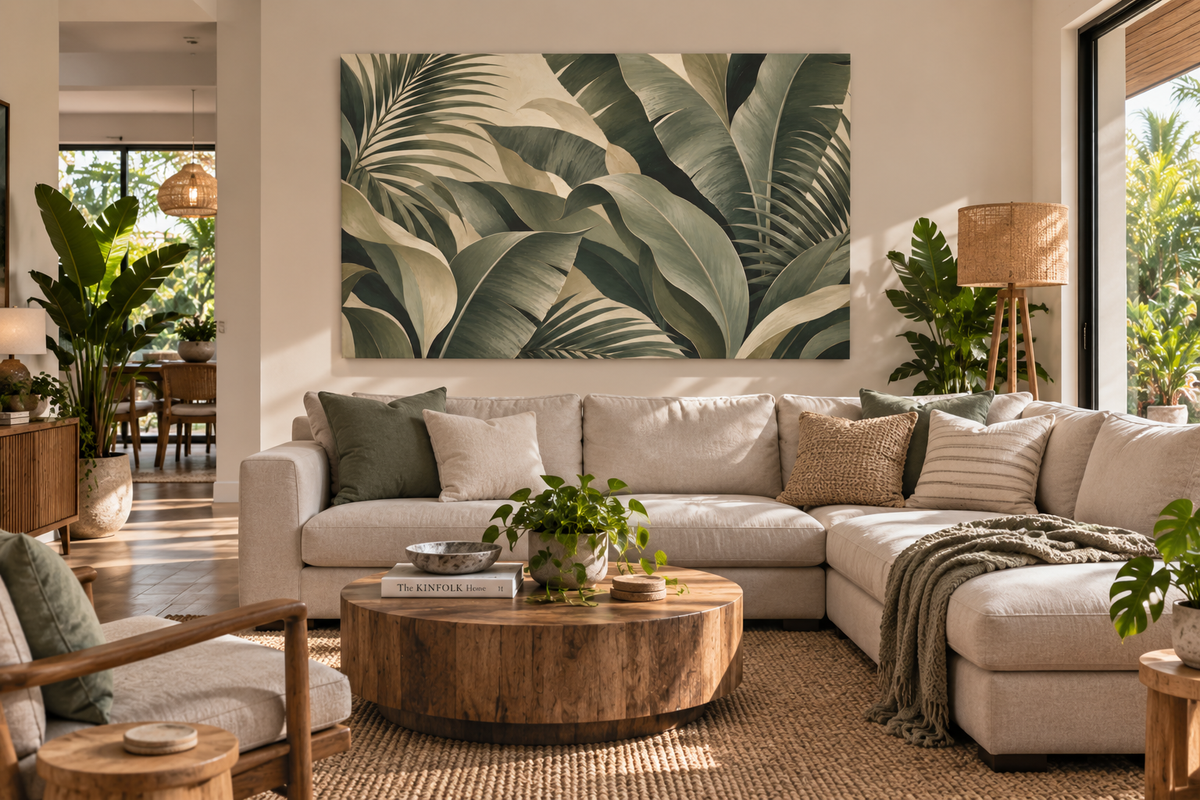 Large rectangular wall art featuring oversized green tropical palm leaves, displayed above a beige sectional sofa in a bright, modern living room.