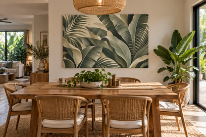 Large rectangular wall art featuring a tropical palm leaf pattern in shades of green and beige, displayed above a wooden dining table in a bright, modern dining room.