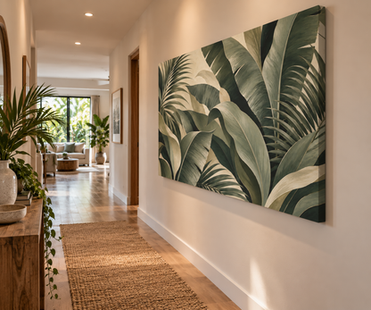 Large rectangular wall art featuring a tropical palm leaf pattern in shades of green and beige, displayed on a white hallway wall in a modern home interior.
