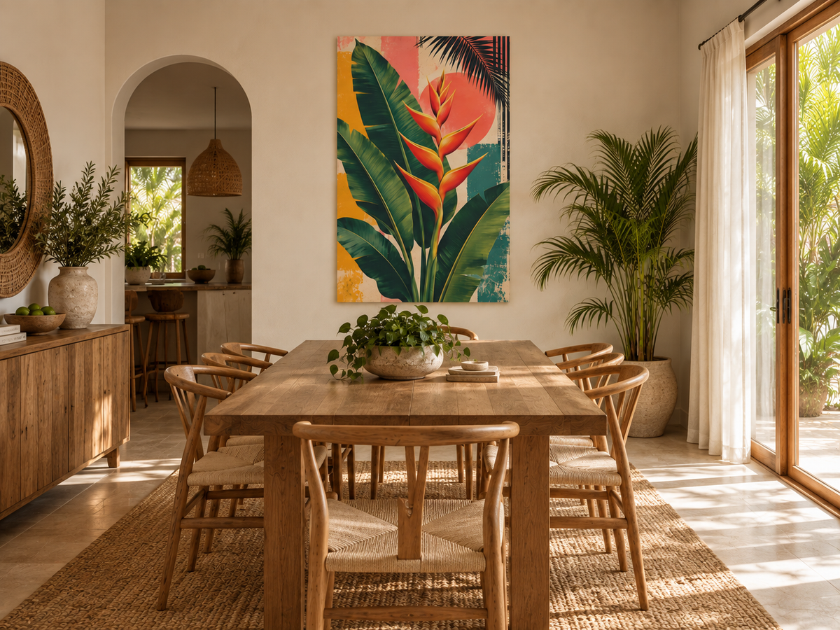 A colorful tropical wall art print featuring a large green banana leaf and a bright orange-red bird of paradise flower, hanging in a warm, modern dining room above a wooden dining table and chairs.