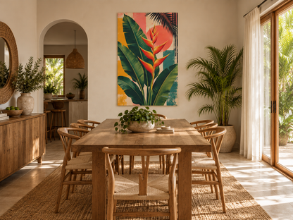 A colorful tropical wall art print featuring a large green banana leaf and a bright orange-red bird of paradise flower, hanging in a warm, modern dining room above a wooden dining table and chairs.