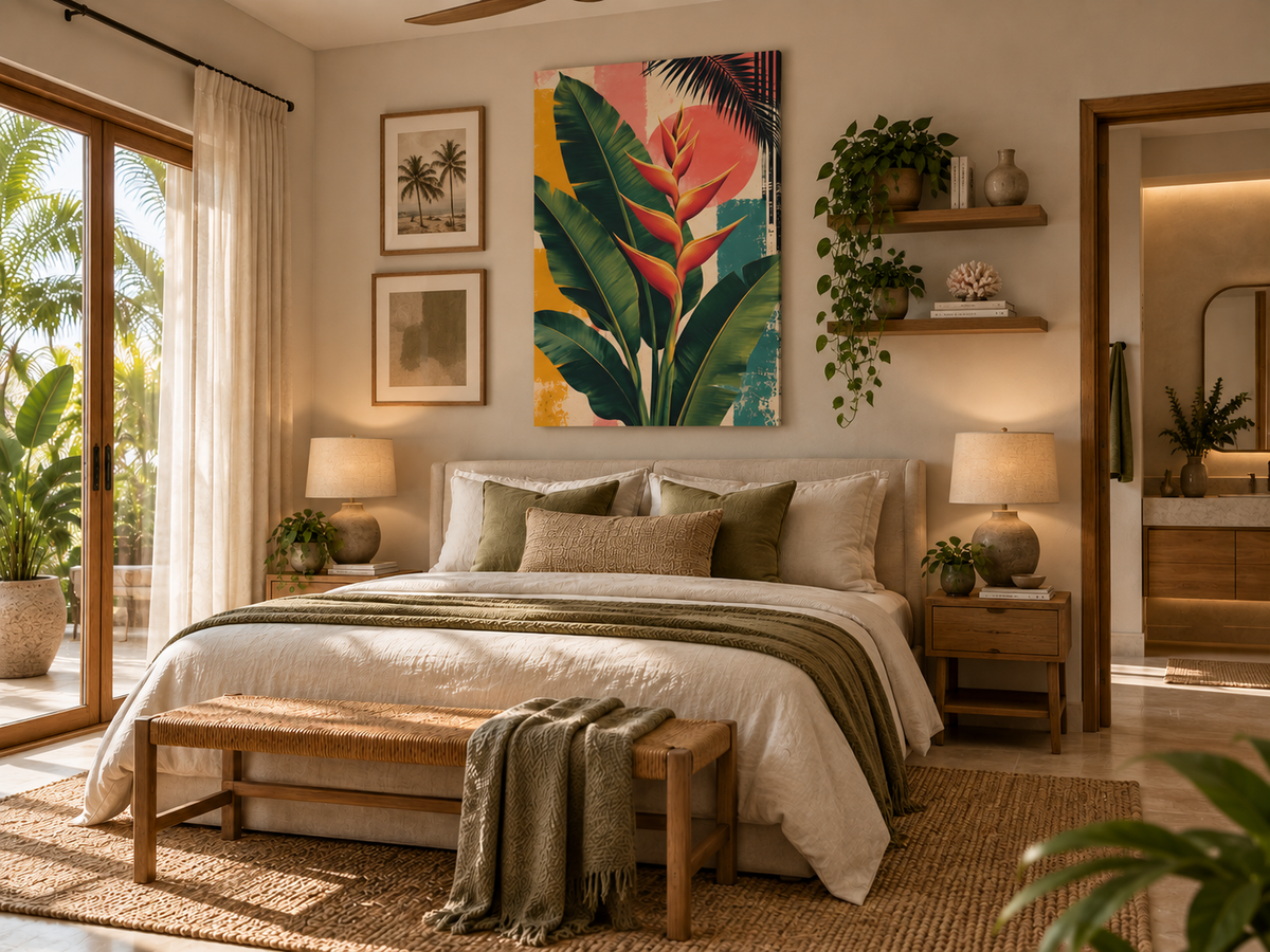 A tropical floral wall art print featuring a large pink helander flower and green leaves, displayed in a beautifully styled, sunlit bedroom above a bed with neutral-toned bedding.