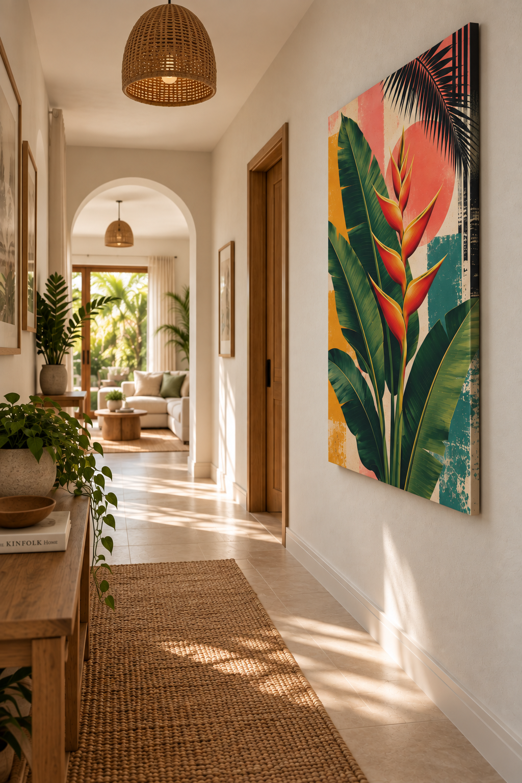 A large vertical canvas print featuring a tropical floral design with green leaves, pink flowers, and orange accents, displayed on a white wall in a sunlit hallway.