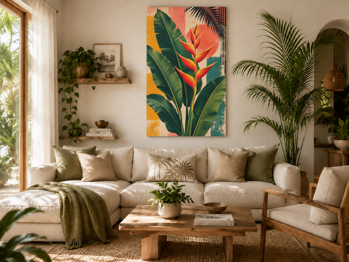 A colorful tropical wall art print featuring a large green banana leaf and a bright orange bird of paradise flower, displayed in a modern, sunlit living room above a beige sectional sofa.