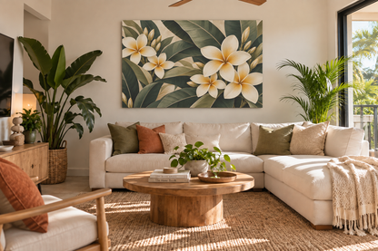 A large rectangular wall art print featuring white plumeria flowers and green tropical leaves, displayed above a cream sectional sofa in a bright, modern living room with plants and a round wooden coffee table.