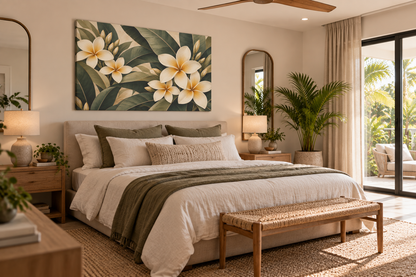 A styled bedroom interior with a large floral wall art piece above the bed. The artwork features white plumeria flowers with yellow centers and dark green tropical leaves on a dark background.