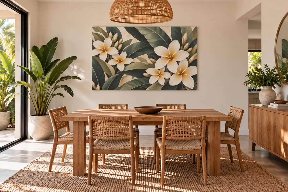 A large rectangular wall art print featuring white plumeria flowers and green tropical leaves, displayed above a wooden dining table in a bright, modern dining room with woven chairs and plants.