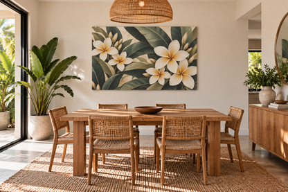 A large rectangular wall art print featuring white plumeria flowers and green tropical leaves, displayed above a wooden dining table in a bright, modern dining room with woven chairs and plants.