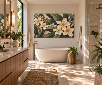 A large rectangular wall art print featuring white plumeria flowers and green tropical leaves, displayed above a freestanding bathtub in a bright, modern bathroom.