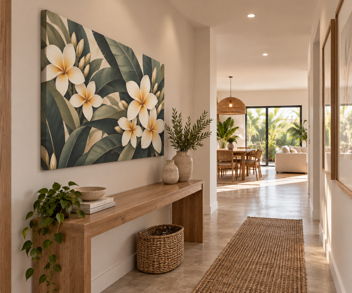 Large rectangular wall art featuring white plumeria flowers and green tropical leaves, displayed in a bright modern hallway above a wooden console table with plants and woven decor.