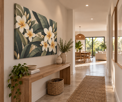 Large rectangular wall art featuring white plumeria flowers and green tropical leaves, displayed in a bright modern hallway above a wooden console table with plants and woven decor.