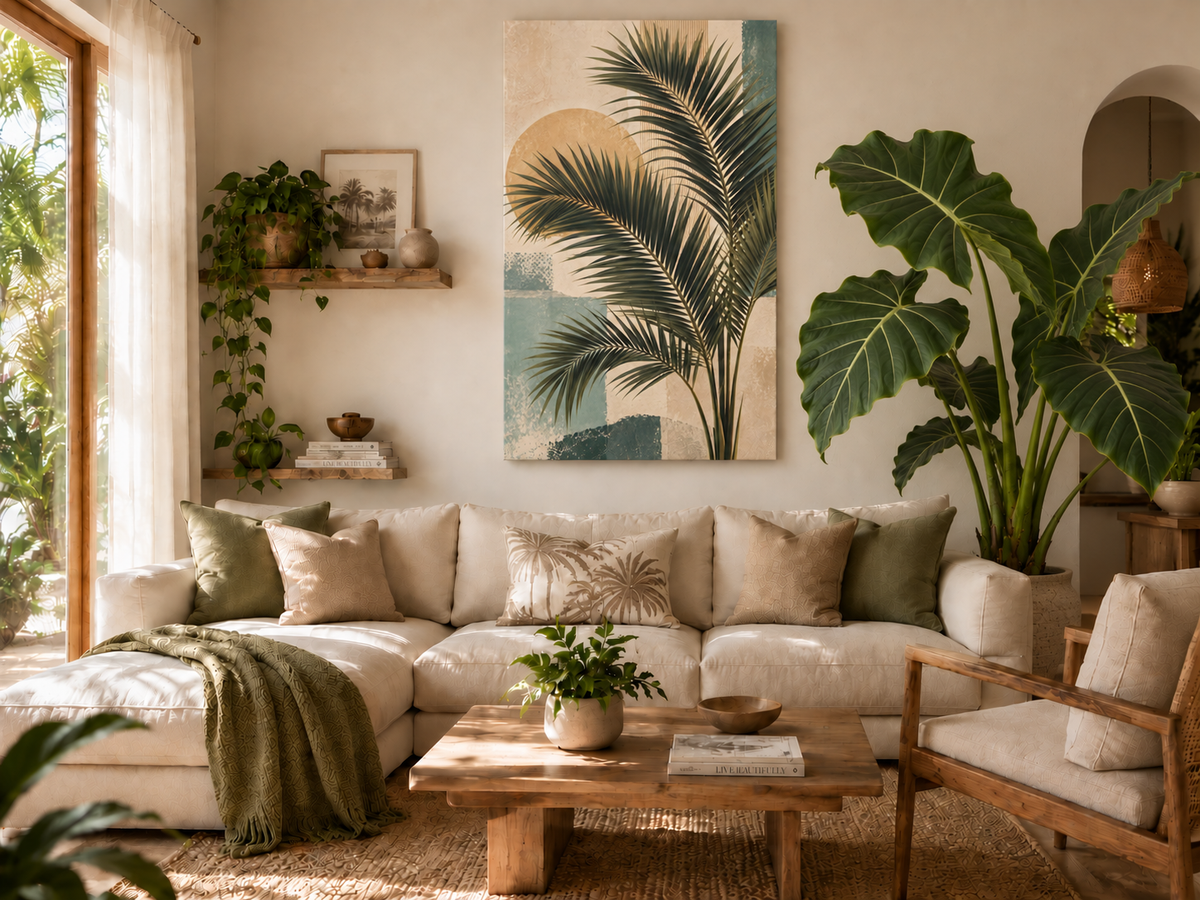 A styled living room featuring a large vertical canvas print of a palm tree against a sunburst, hung above a cream sectional sofa with green and beige pillows.