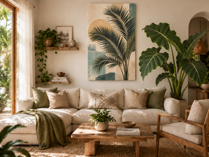 A styled living room featuring a large vertical canvas print of a palm tree against a sunburst, hung above a cream sectional sofa with green and beige pillows.