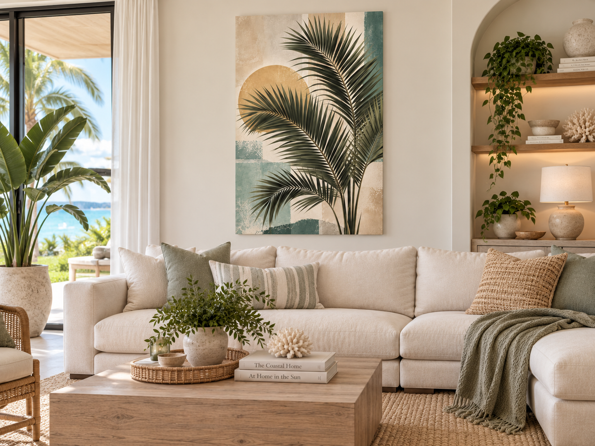 A large vertical canvas art print featuring a tropical palm leaf silhouette against a teal and beige sunburst background, styled in a bright, modern living room above a cream sectional sofa.
