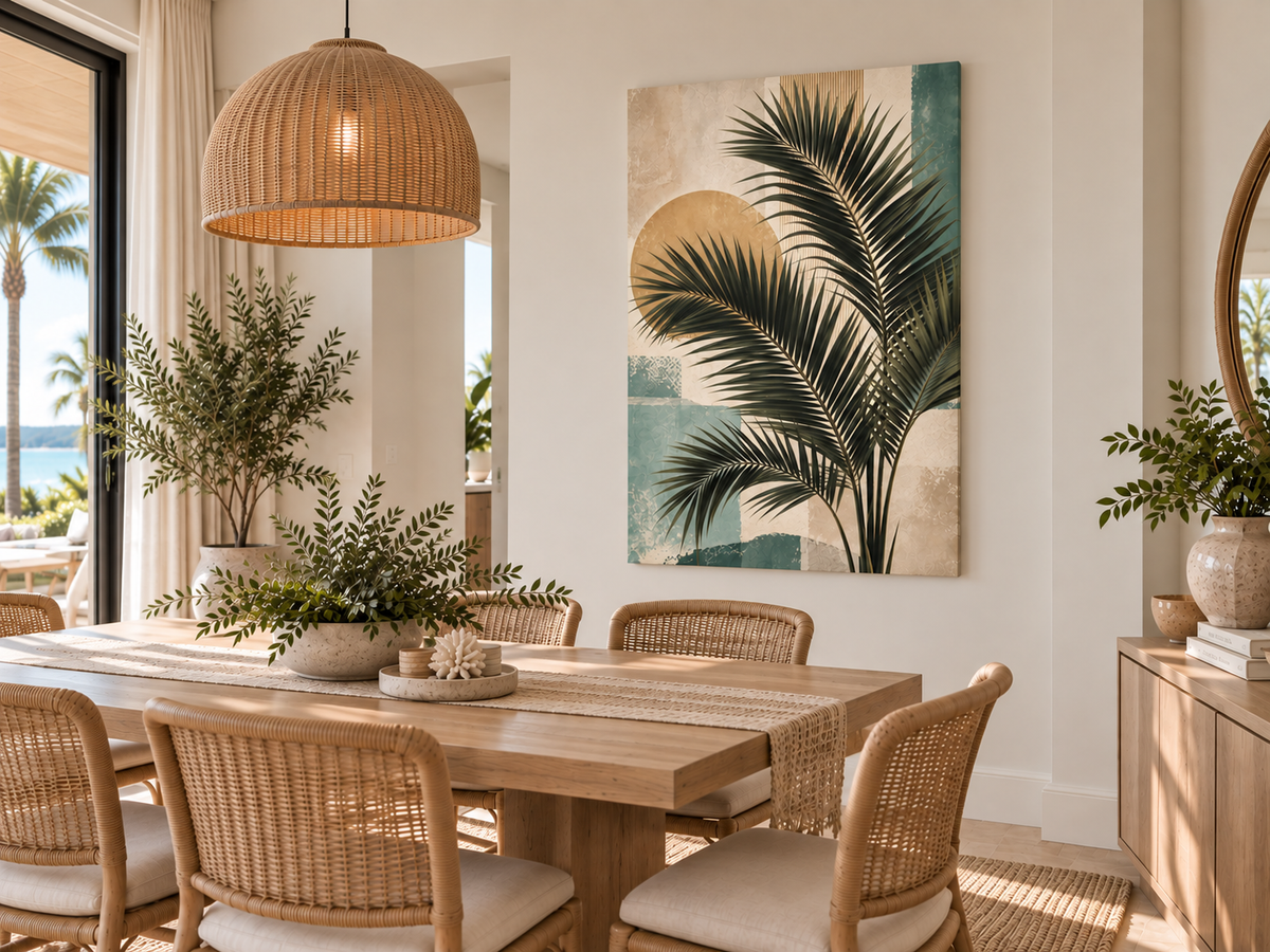 A large vertical wall art print featuring a stylized tropical palm leaf design in dark green, teal, cream, and gold tones, displayed in a bright, modern dining room setting above a wooden dining table and wicker chairs.