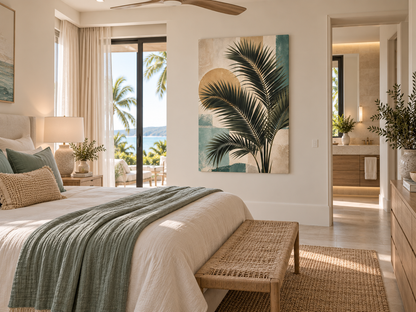 A styled bedroom interior with a bed dressed in white bedding and a sage green throw, set in a bright tropical beach-view room. A large vertical wall art piece with a palm leaf and sun motif hangs above the bed.