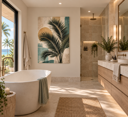 A modern bathroom interior with a freestanding white tub, a large tropical palm artwork on the wall, a glass shower enclosure, and warm natural light streaming across the space.