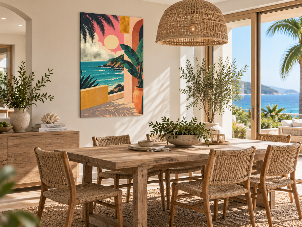 A colorful abstract coastal landscape canvas print hangs on a beige wall in a bright, modern dining room with a wooden table, woven chairs, and large windows overlooking a tropical ocean view.
