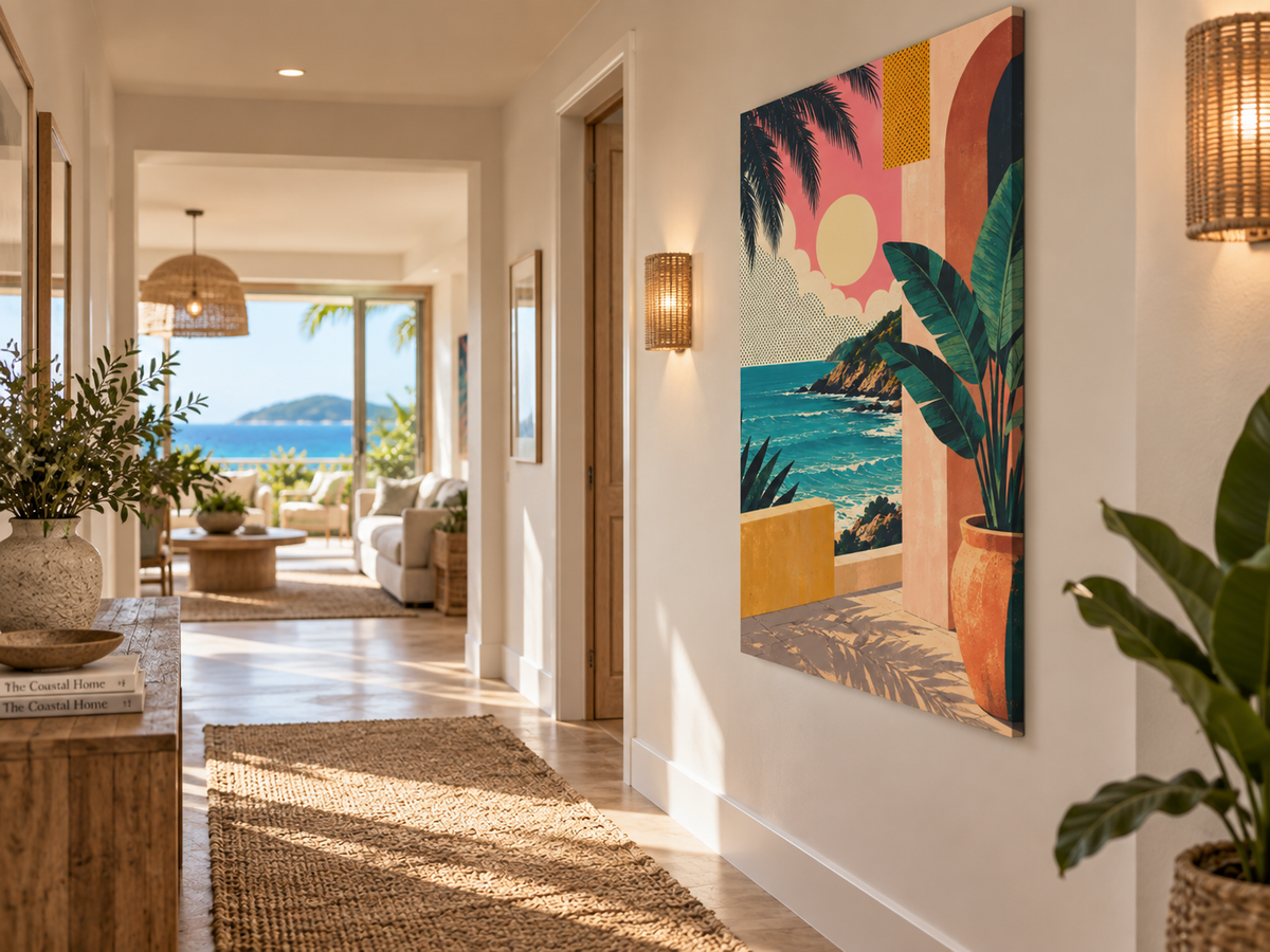 A large vertical canvas wall art print featuring a colorful tropical beach scene with palm trees, blue ocean, and a pink sun, displayed in a bright modern hallway with a woven rug and coastal view in the background.