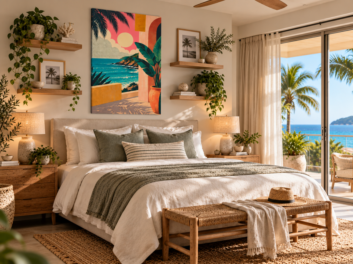 A tropical beach-themed canvas wall art print hangs in a beautifully styled bedroom above a bed with white linens and green pillows. The print features a colorful sunset beach scene with palm trees, a blue ocean, and a yellow sun.