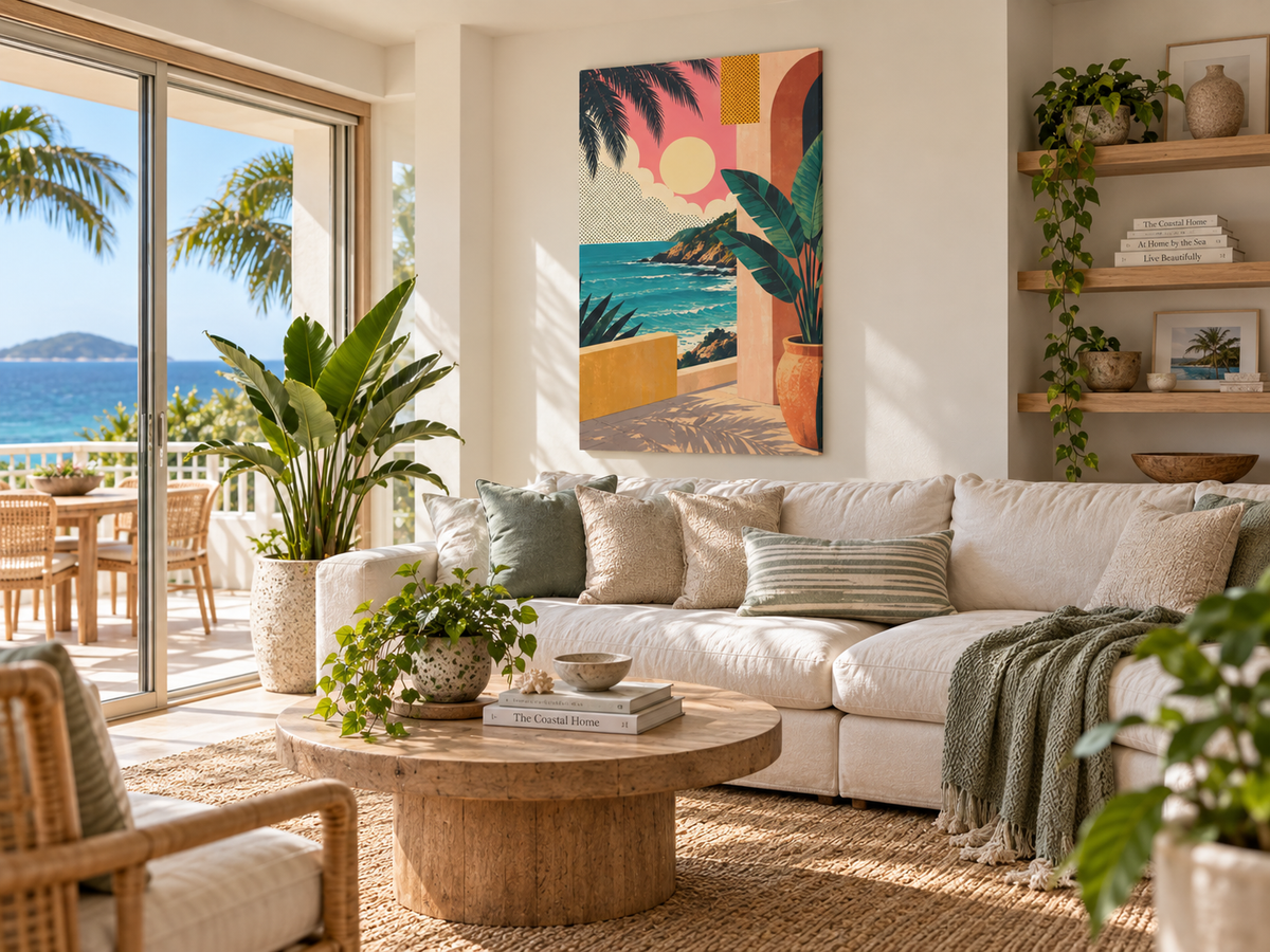 A colorful tropical beach sunset canvas print hangs on a white wall above a cream sectional sofa in a bright, modern living room with a round wooden coffee table and large potted plants.