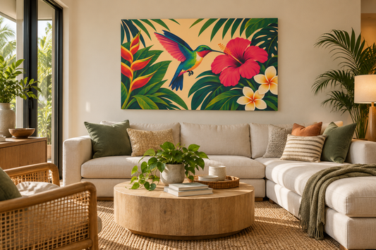 A colorful tropical wall art canvas featuring a green hummingbird, pink hibiscus flowers, and palm leaves, displayed in a modern living room above a beige sectional sofa.