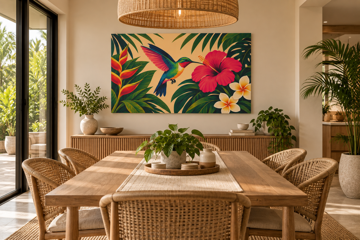 A large rectangular wall art print featuring a tropical scene with a green bird, red hibiscus flowers, and palm leaves, displayed above a wooden dining table in a bright, modern dining room.