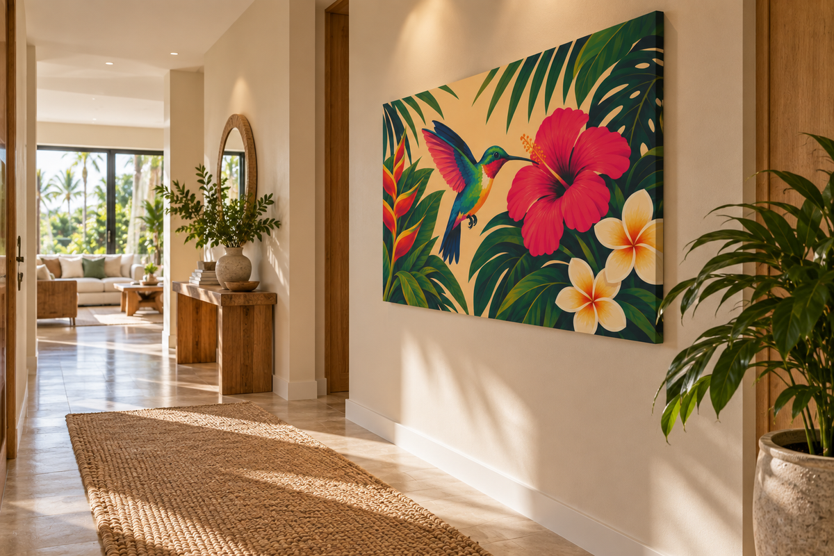 A large rectangular wall art print hanging in a bright hallway, featuring a tropical design with a colorful bird, large pink hibiscus flowers, white plumeria flowers, and green palm leaves. The artwork is displayed on a beige wall in a modern interior with wood flooring, a woven rug, and potted plants.
