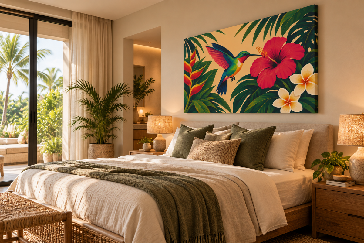 A large rectangular canvas wall art print featuring a tropical design with a green parrot, red hibiscus flower, and white plumeria, displayed above a bed in a modern, warm-toned bedroom.